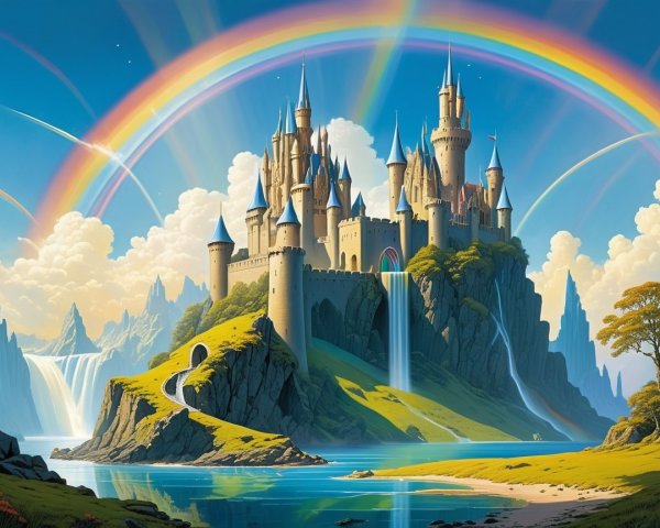 Majestic castle on a hill with vibrant waterfalls