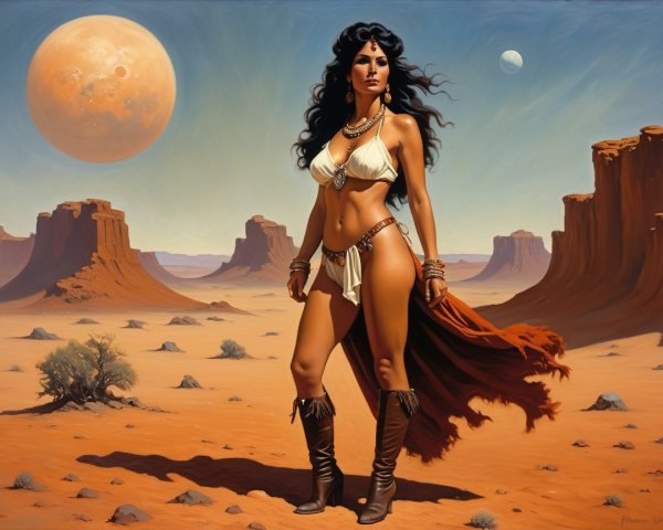 Desert Landscape with Woman in Tribal Outfit and Celestial Sky