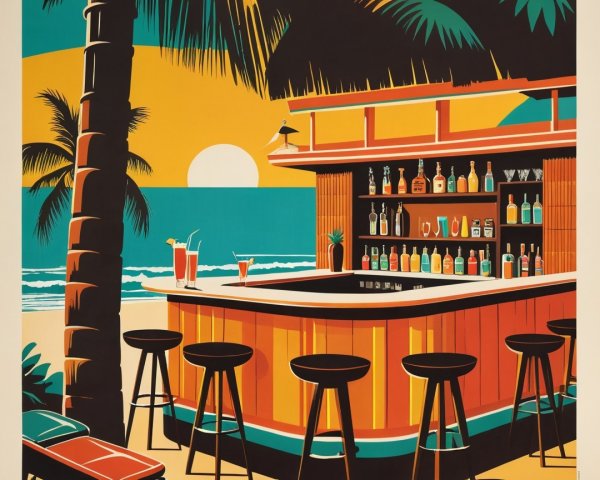 Beachside Bar with Sunset and Tropical Atmosphere