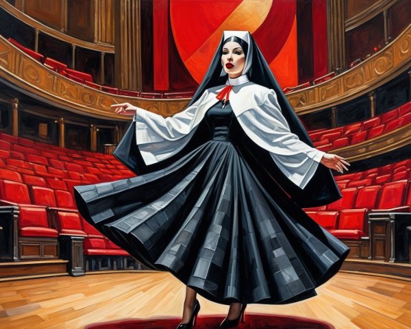 Nun in Theater with Checkerboard Skirt and Cape