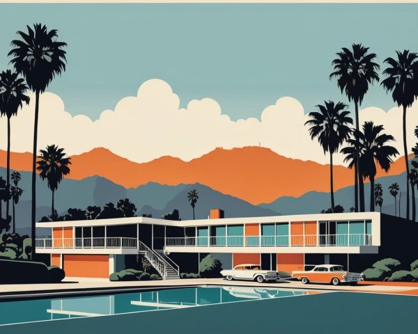 Mid-Century Modern House with Palm Trees and Pool