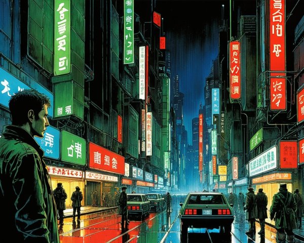 Man in green jacket on wet street with neon reflections