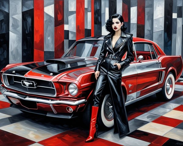 Elegant Woman in Black Leather with Red Mustang