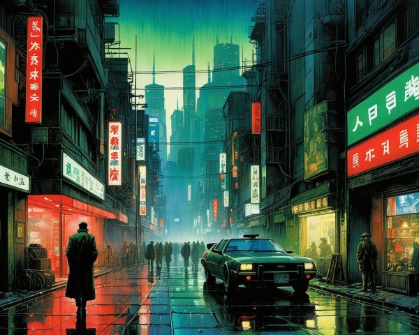 Dystopian Cyberpunk City Street at Night with Neon Lights
