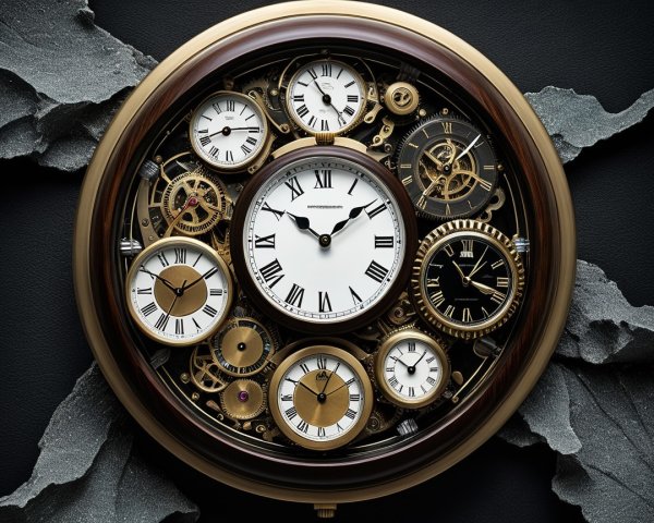 Close-up of a circular golden clock with gears