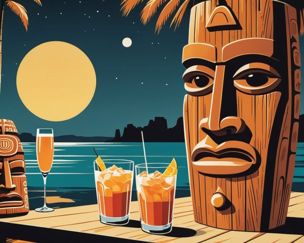 Tropical Scene with Tiki Sculptures and Moonlit Ocean
