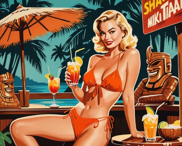 Vibrant Retro Scene of a Woman at Tropical Bar