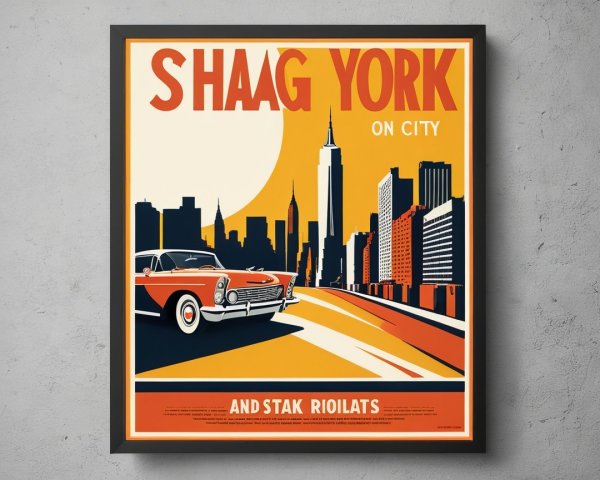 Retro City Skyline Poster with Classic Car and Sunset