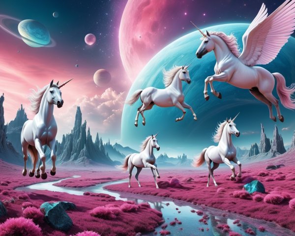 Unicorns in mid-air over a pink field with mountains