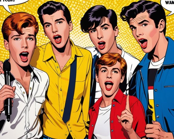 Comic-Style Illustration of Young Men Singing Together