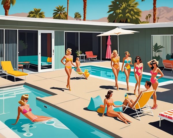Vibrant Retro Poolside Scene with Stylish Women