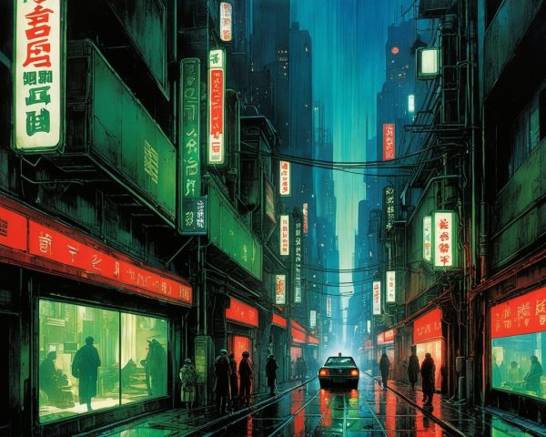 Urban Night Street Scene with Reflections and People