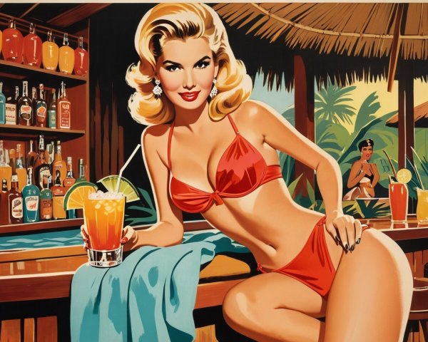 Vintage Tropical Bar Scene with Woman in Red Bikini