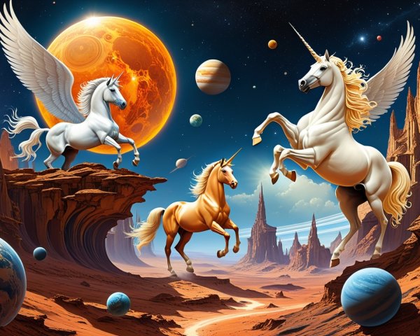 Cosmic Landscape with Majestic Unicorns and Planets