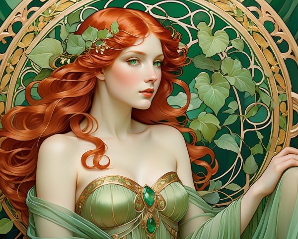 Graceful woman in green dress with flowing red hair