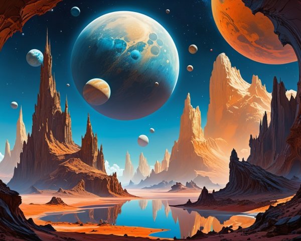 Alien Landscape with Rock Formations and Planets