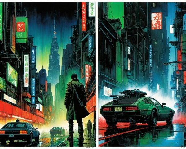 Futuristic Cyberpunk City and Weaponized Car Diptych