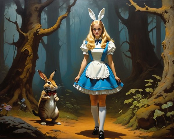 Young Girl as Alice in a Mystical Forest Setting
