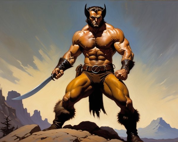 Muscular Warrior with Curved Sword on Rocky Landscape