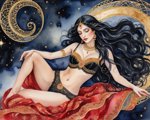 Woman in Black Lingerie Against Starry Background