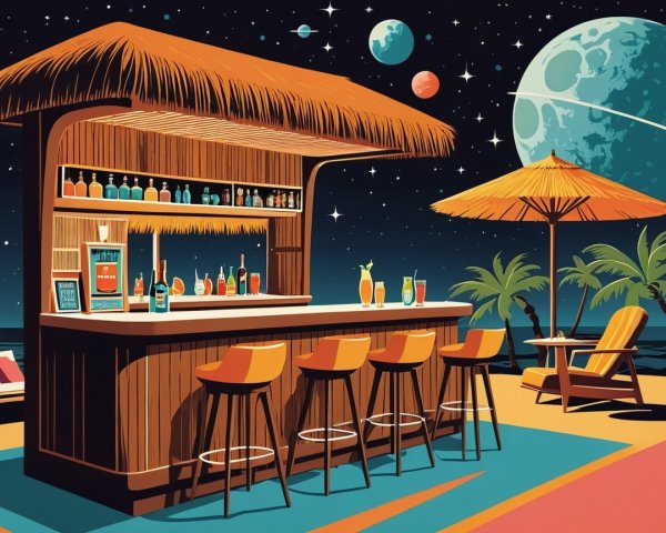 Futuristic beach bar under a starry cosmic sky