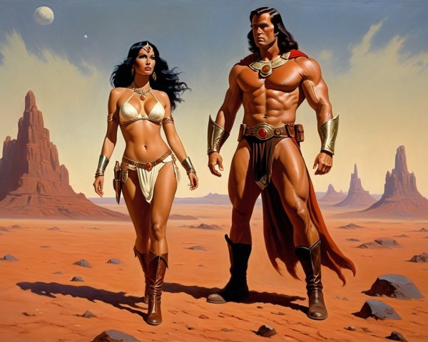 Duo in Armor on Barren Orange Planet Landscape