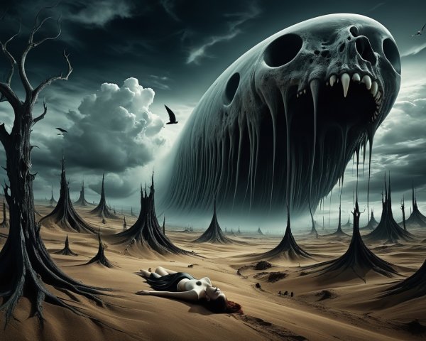 Dark Fantasy Scene with Woman and Floating Skull Creature