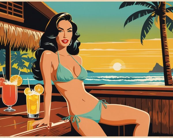 Retro Illustration of Woman at Beachside Bar