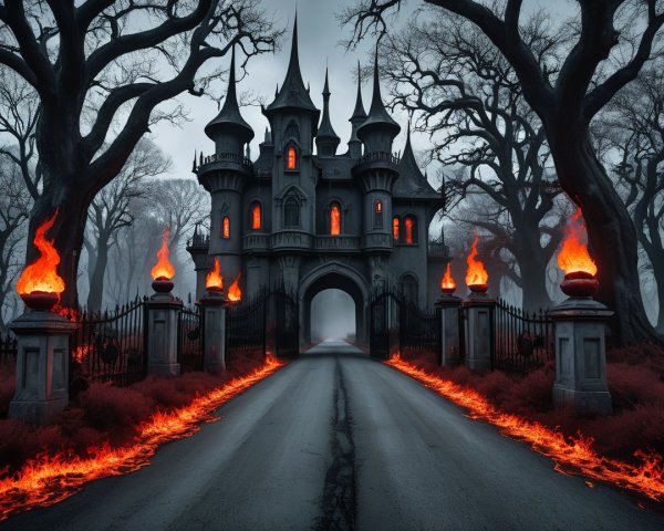 Gothic Castle in Dark Eerie Landscape with Lava Flows
