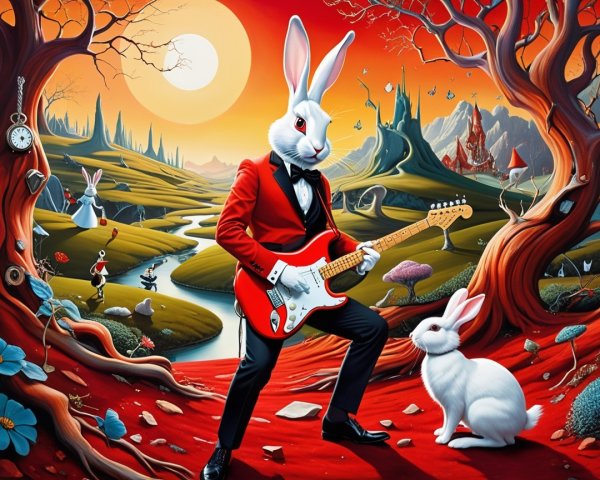 Whimsical Landscape with Tuxedo Rabbit and Guitar
