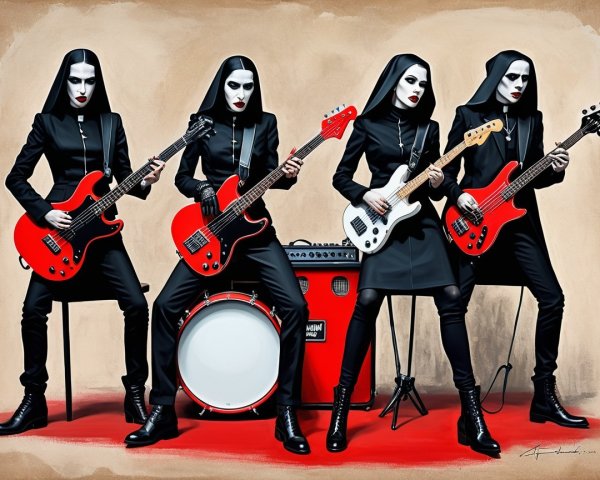Gothic Rock Band in Hooded Habits with Guitars