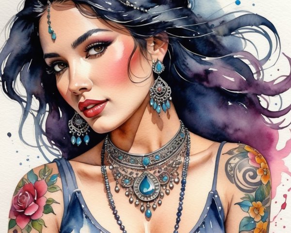 Portrait of a woman with dark hair and silver jewelry