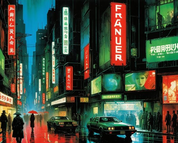 Retro-Futuristic Dark Cityscape with Neon Lights