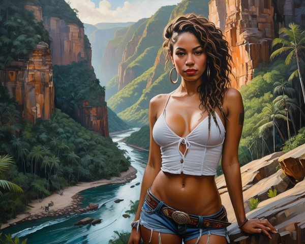 Confident Woman in Crop Top Against Scenic Backdrop