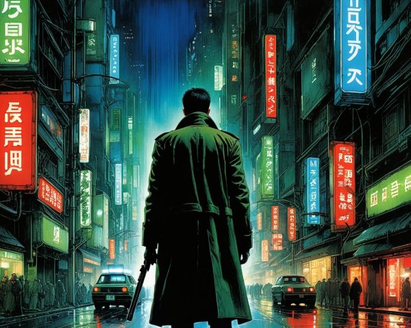 Man with gun in vibrant cyberpunk night scene