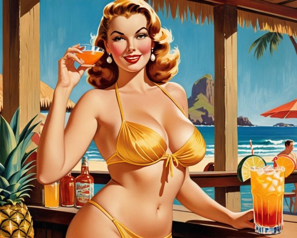 Vintage Beach Scene with Woman in Yellow Bikini