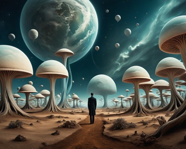 Alien Landscape with Mushrooms and Starry Sky