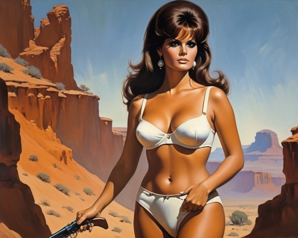 Confident Figure in Bikini Against Desert Landscape