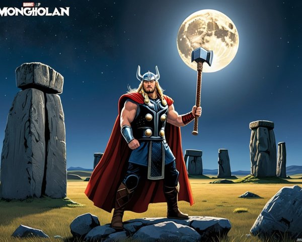 Heroic figure with hammer in a mystical landscape