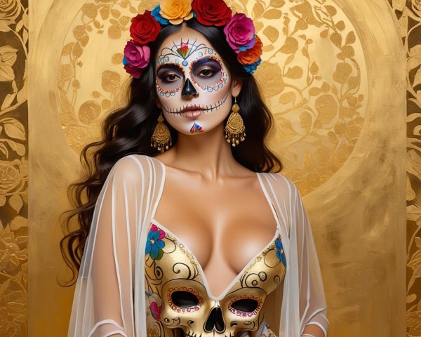 Woman with Sugar Skull Makeup Against Floral Background