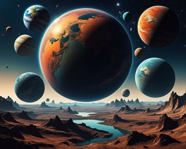 Surreal Landscape with Planets and Starry Sky