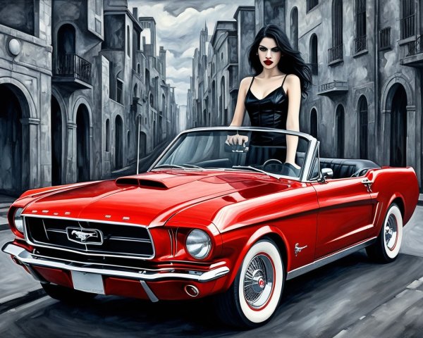 Black and White Painting of Woman with Red Convertible