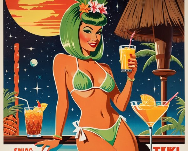 Vibrant Tiki Scene with Stylish Woman and Tropical Elements