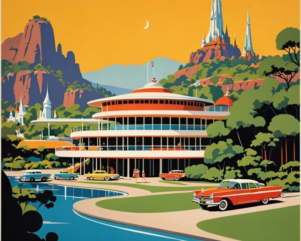 Retro Illustration of Futuristic Building and Landscape