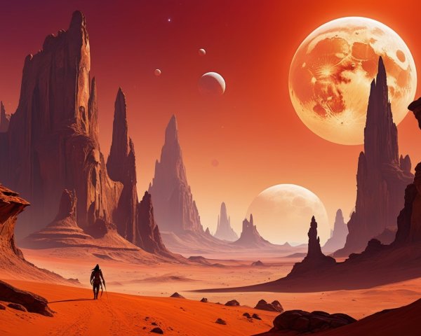 Lone Figure in Alien Desert Landscape with Moons