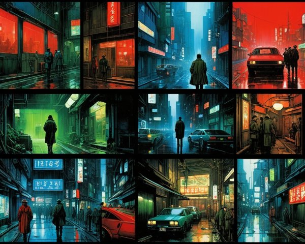 Collage of Nine Cyberpunk City Street Scenes at Night