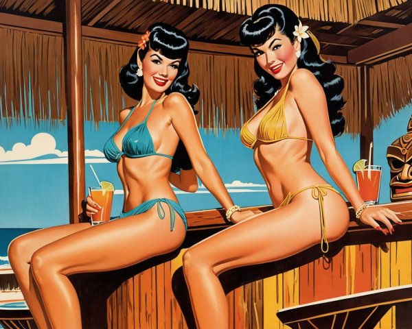 Glamorous Women in Bikinis at Tropical Bar Scene