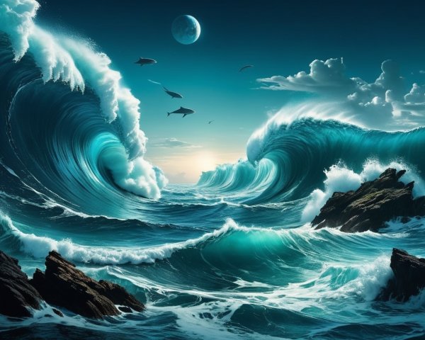 Seascape with Waves, Dolphins, and Moonlit Sky