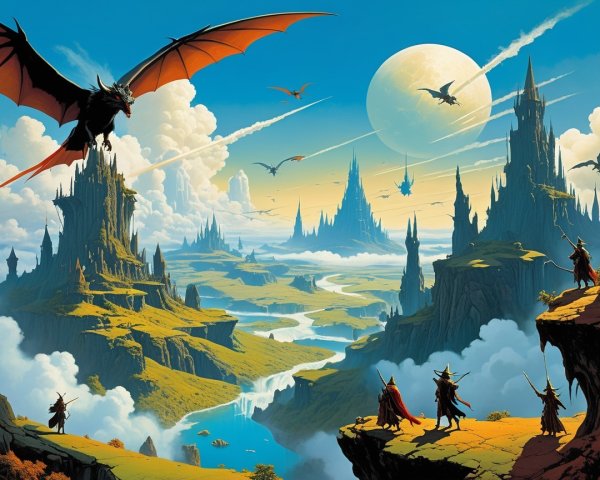 Fantastical Landscape with Dragons and Majestic Moon