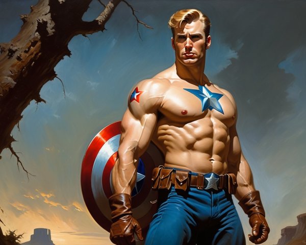 Muscular Superhero with Shield Against Dramatic Sky